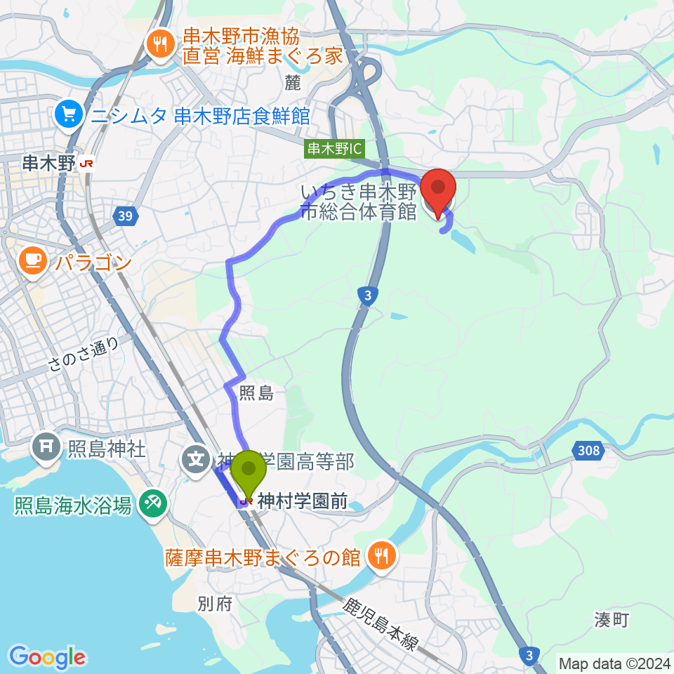 Fアリーナいちき串木野の最寄駅神村学園前駅からの徒歩ルート（約33分）地図