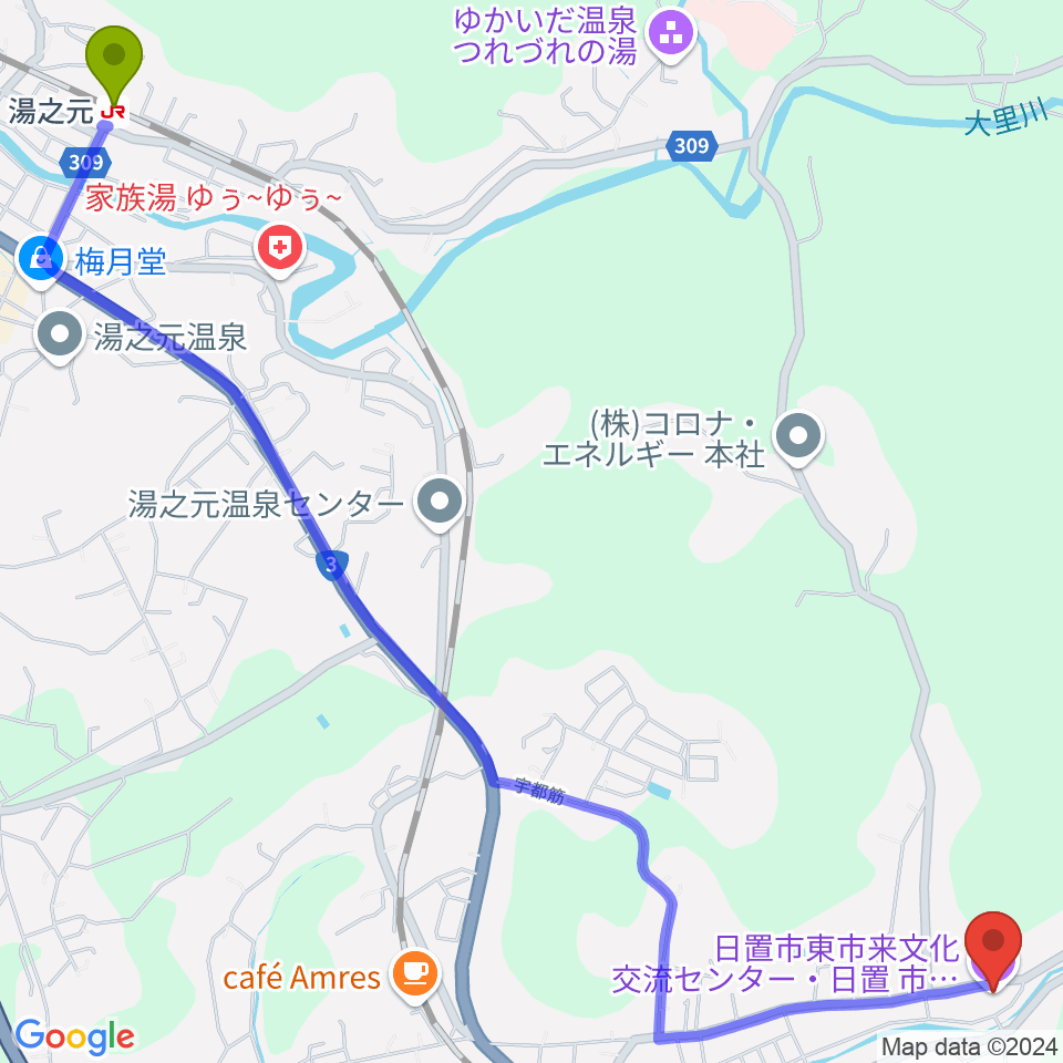 湯之元駅から下野建設文化ホールへのルートマップ地図