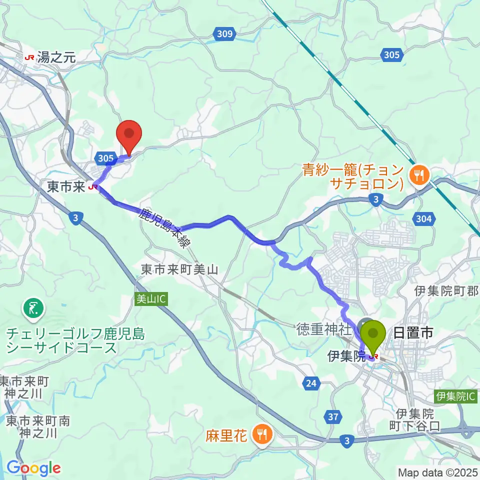 伊集院駅から下野建設文化ホールへのルートマップ地図