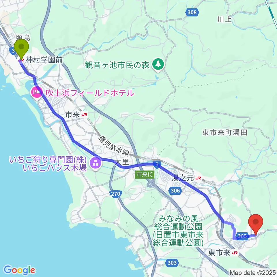 神村学園前駅から下野建設文化ホールへのルートマップ地図