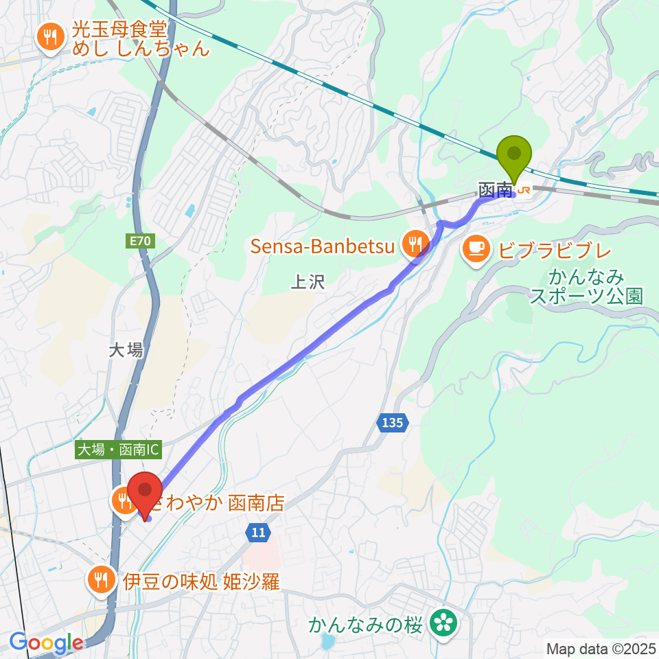 函南駅から函南町文化センターへのルートマップ地図