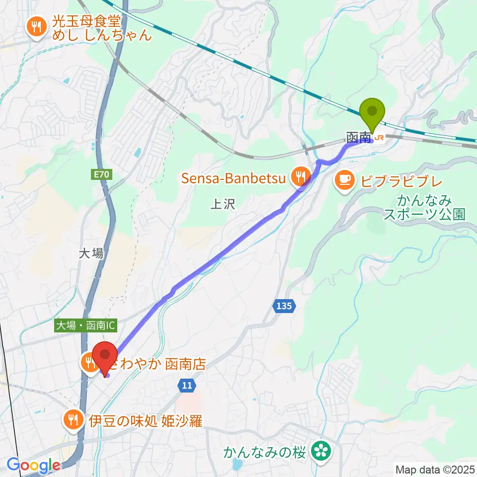 函南駅から函南町文化センターへのルートマップ地図