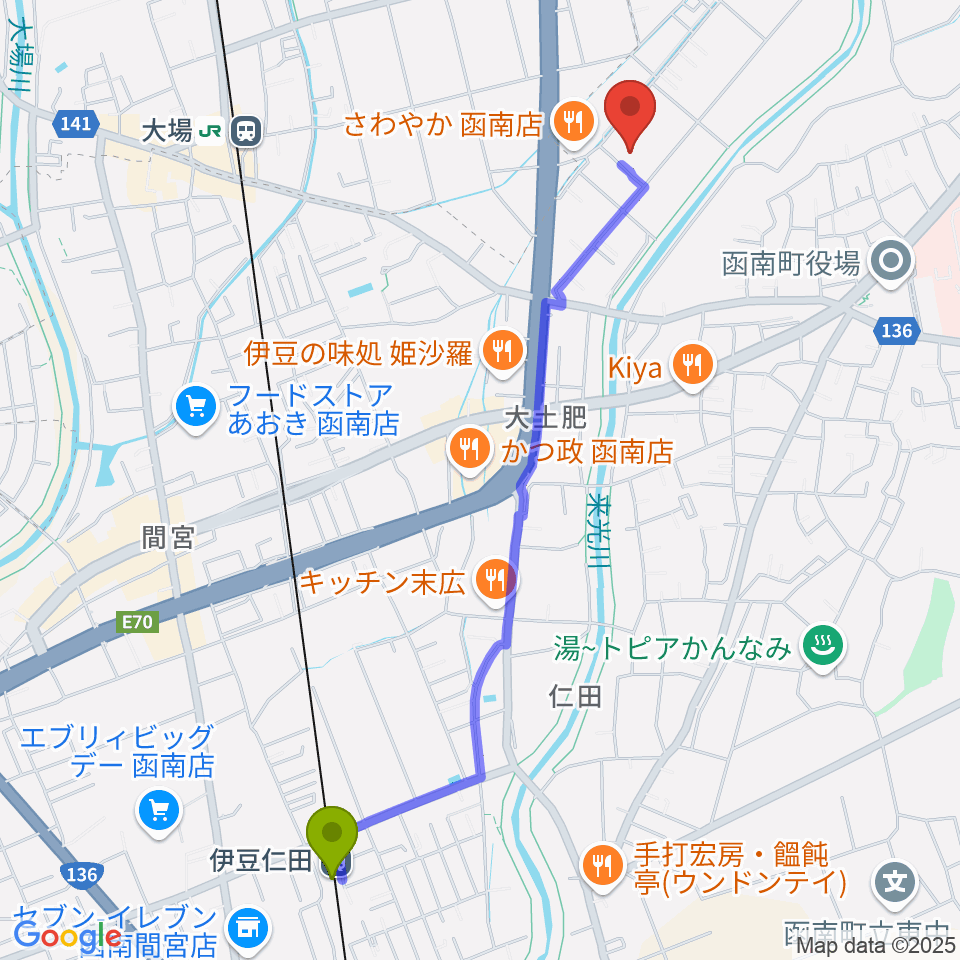 伊豆仁田駅から函南町文化センターへのルートマップ地図