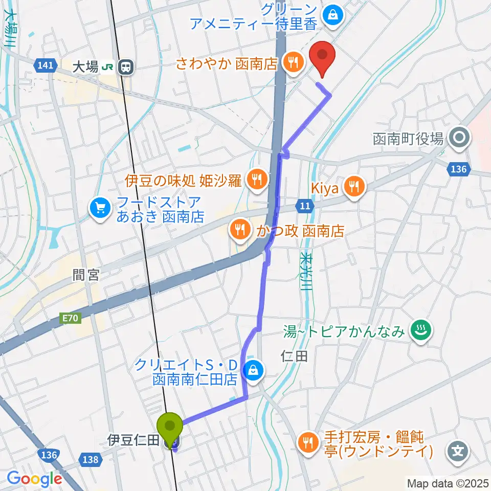 伊豆仁田駅から函南町文化センターへのルートマップ地図