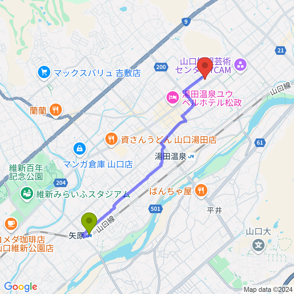 矢原駅からニューメディアプラザ山口へのルートマップ地図