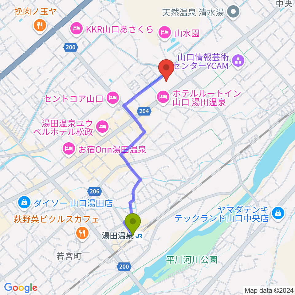 ニューメディアプラザ山口の最寄駅湯田温泉駅からの徒歩ルート（約17分）地図