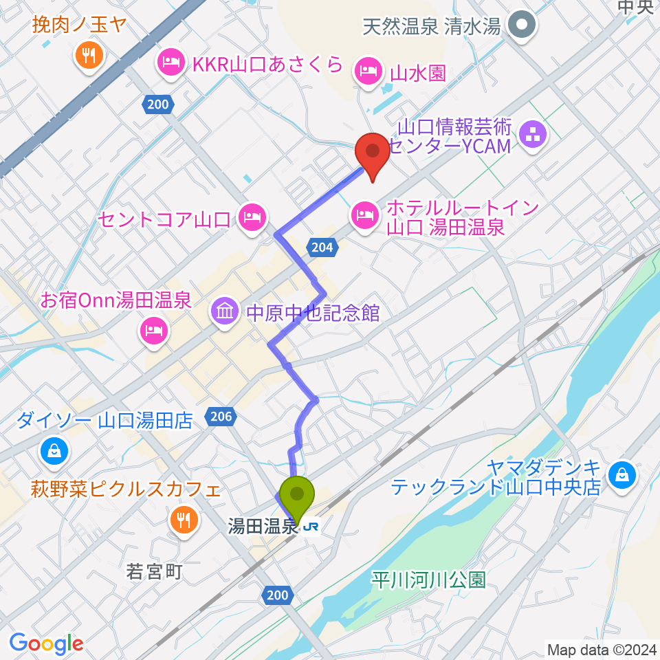 ニューメディアプラザ山口の最寄駅湯田温泉駅からの徒歩ルート（約17分）地図