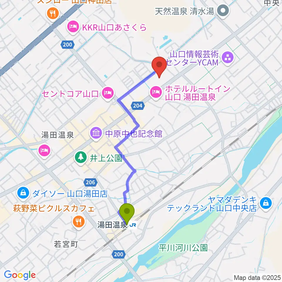 ニューメディアプラザ山口の最寄駅湯田温泉駅からの徒歩ルート（約17分）地図