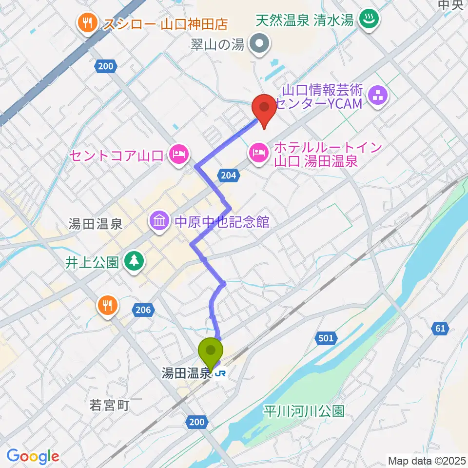 ニューメディアプラザ山口の最寄駅湯田温泉駅からの徒歩ルート（約17分）地図