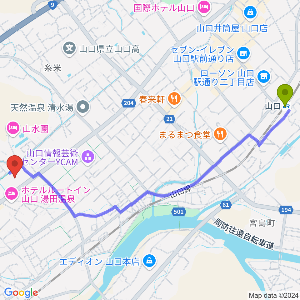 山口駅からニューメディアプラザ山口へのルートマップ地図