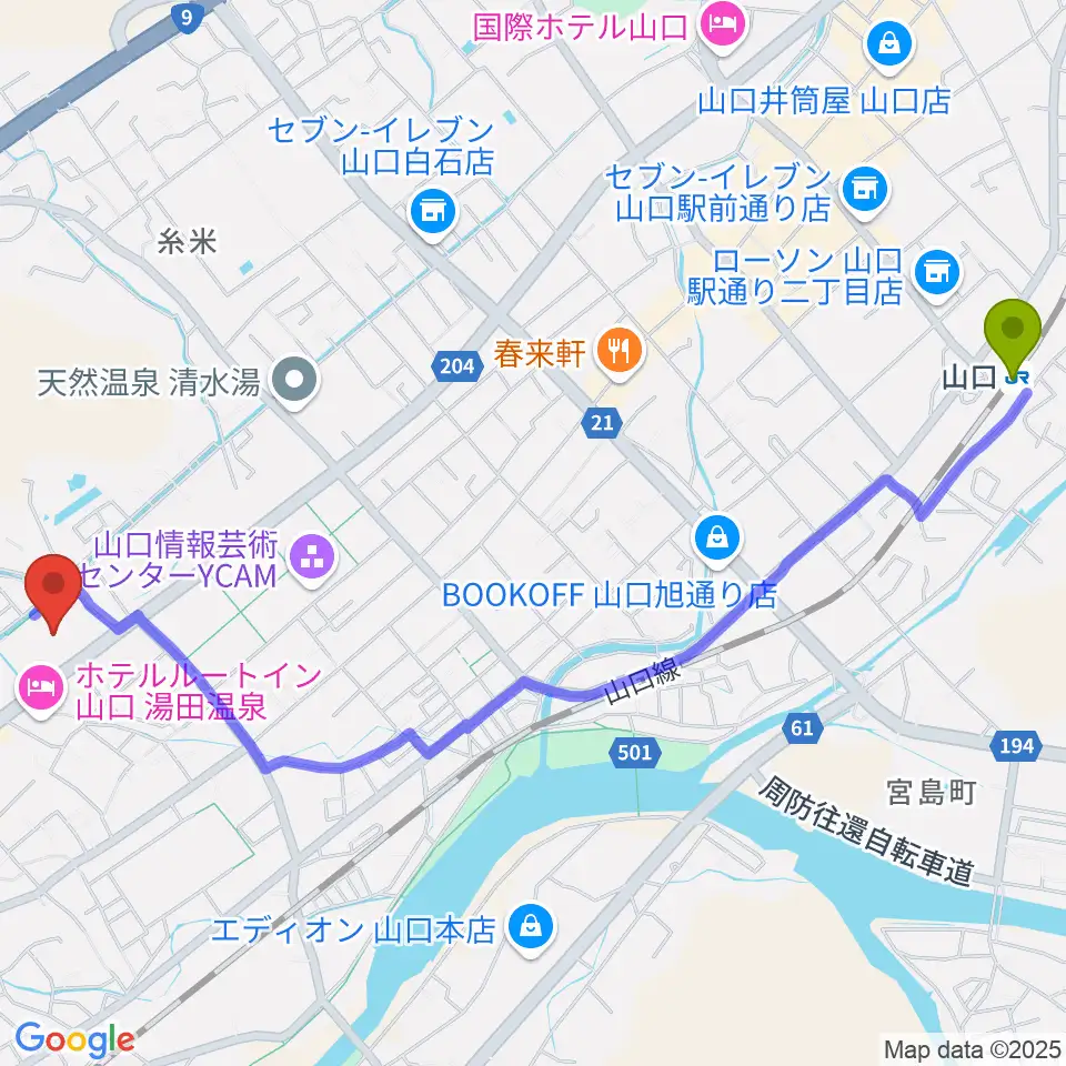 山口駅からニューメディアプラザ山口へのルートマップ地図