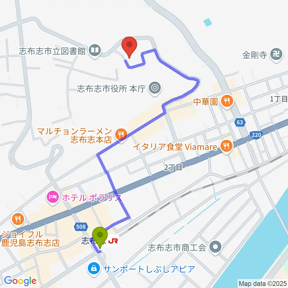 コミュニティセンター志布志市文化会館の最寄駅志布志駅からの徒歩ルート（約11分）地図