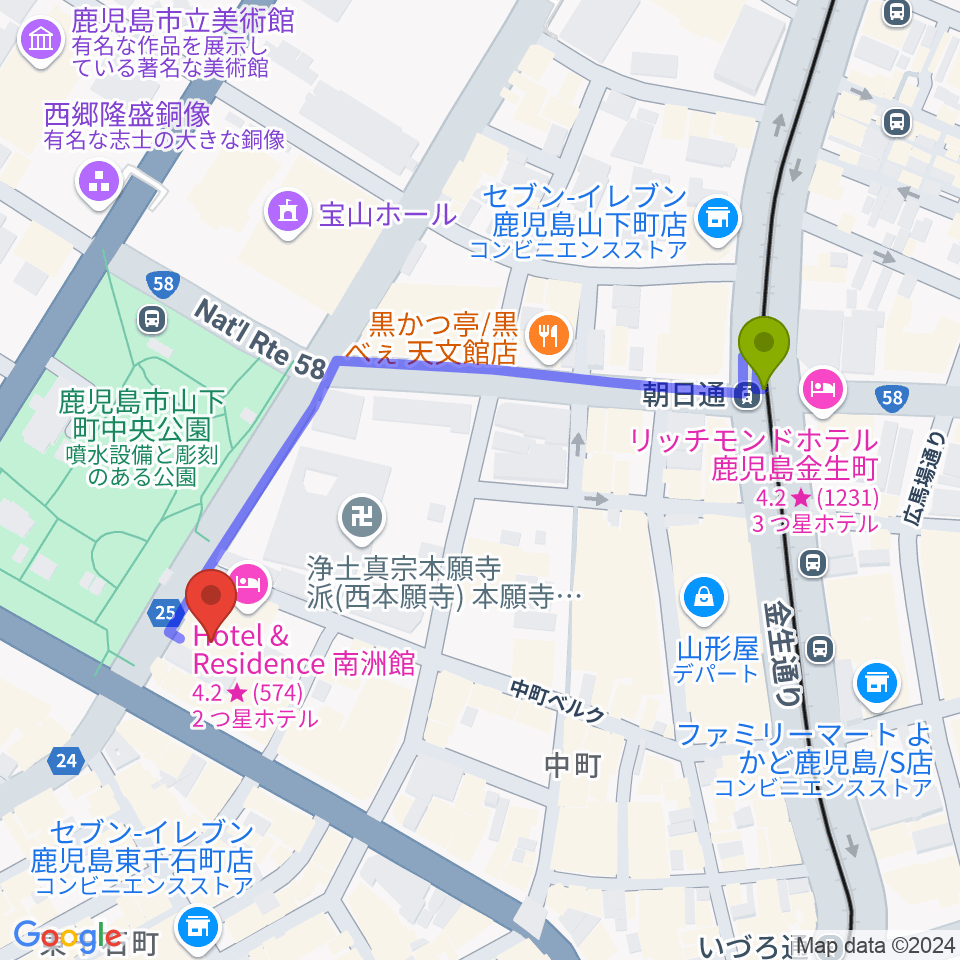 朝日通駅から天文館シネマパラダイスへのルートマップ地図