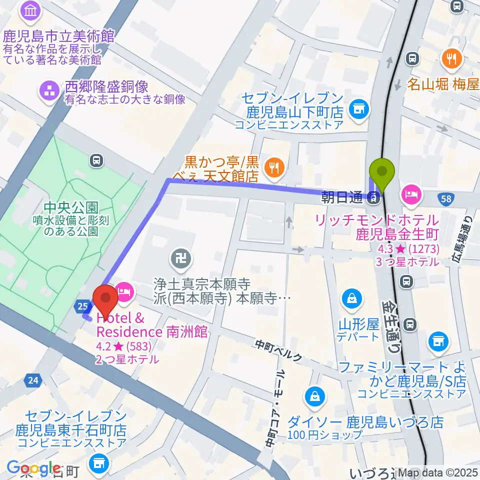 朝日通駅から天文館シネマパラダイスへのルートマップ地図