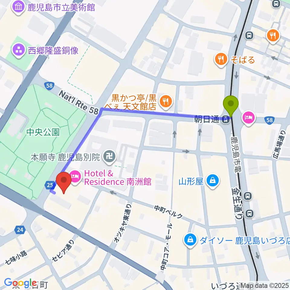 朝日通駅から天文館シネマパラダイスへのルートマップ地図
