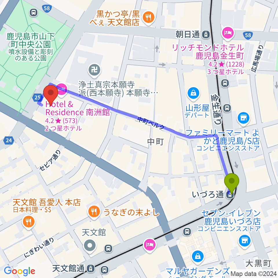 いづろ通駅から天文館シネマパラダイスへのルートマップ地図