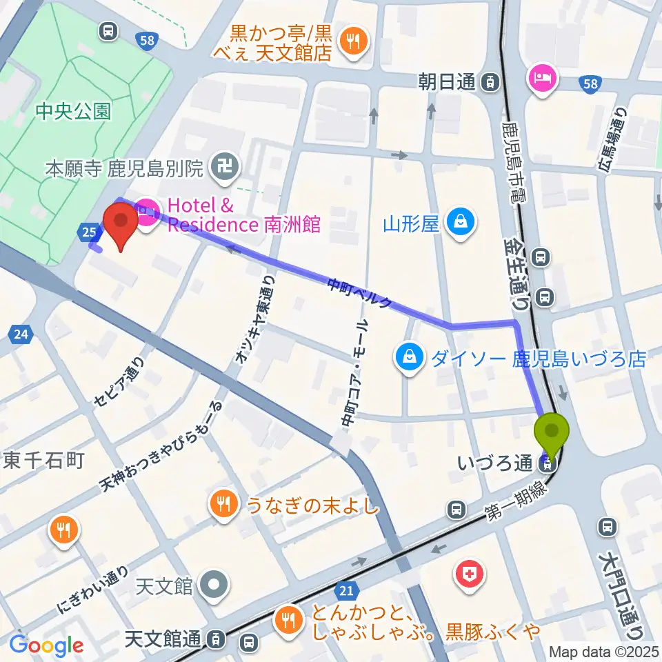 いづろ通駅から天文館シネマパラダイスへのルートマップ地図