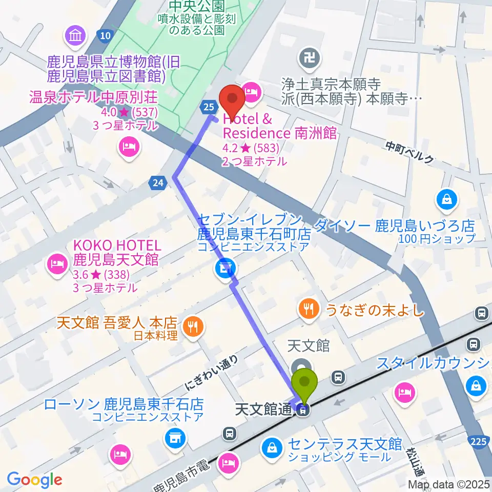 天文館シネマパラダイスの最寄駅天文館通駅からの徒歩ルート（約5分）地図