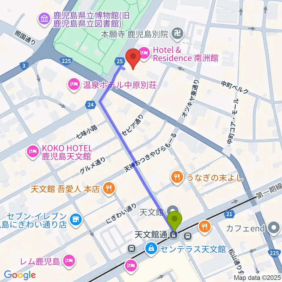 天文館シネマパラダイスの最寄駅天文館通駅からの徒歩ルート（約5分）地図