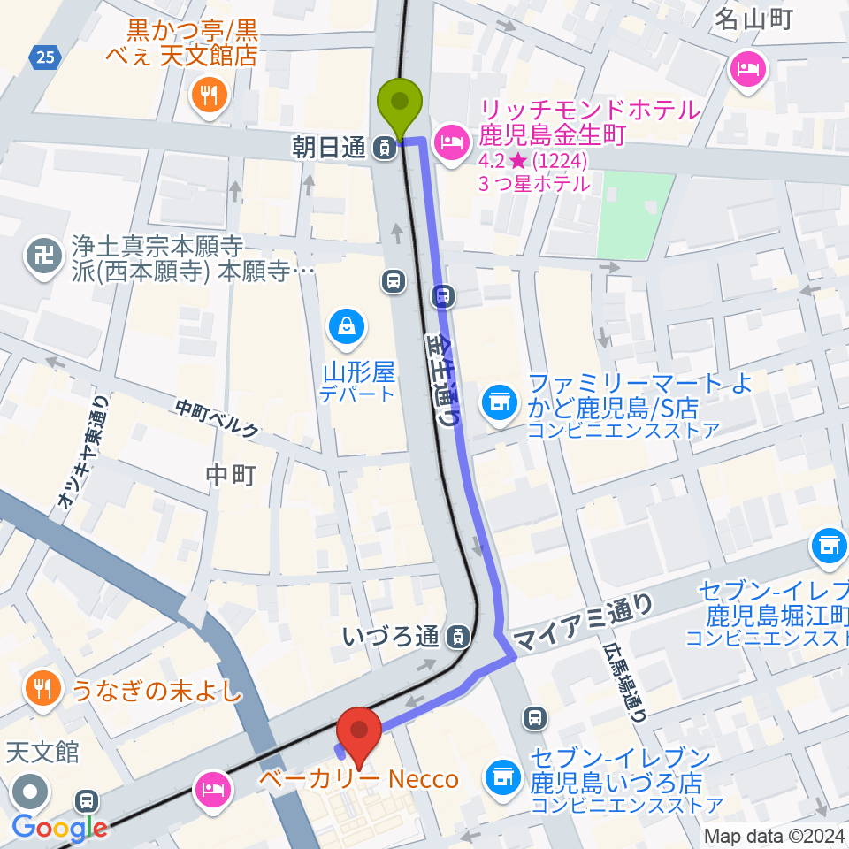 朝日通駅からガーデンズシネマへのルートマップ地図