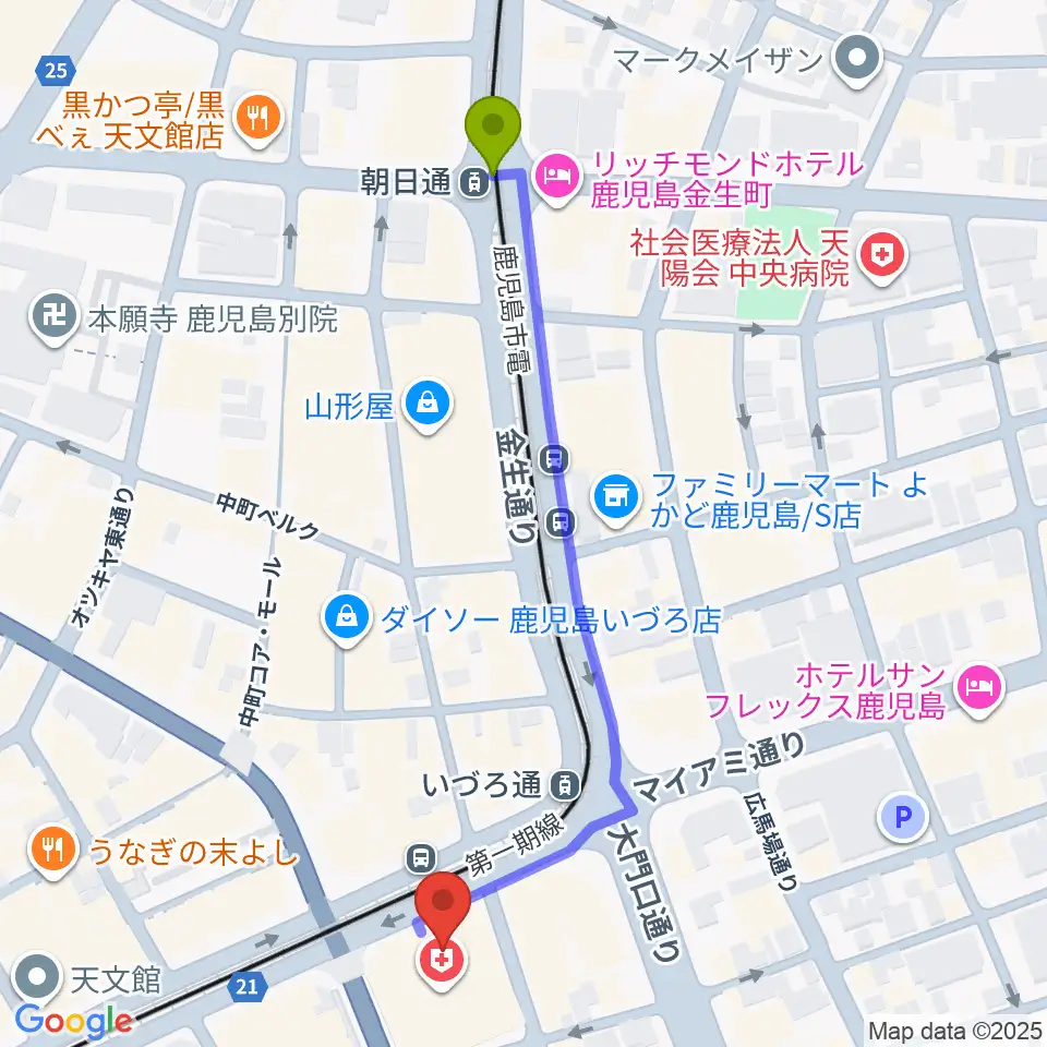 朝日通駅からガーデンズシネマへのルートマップ地図