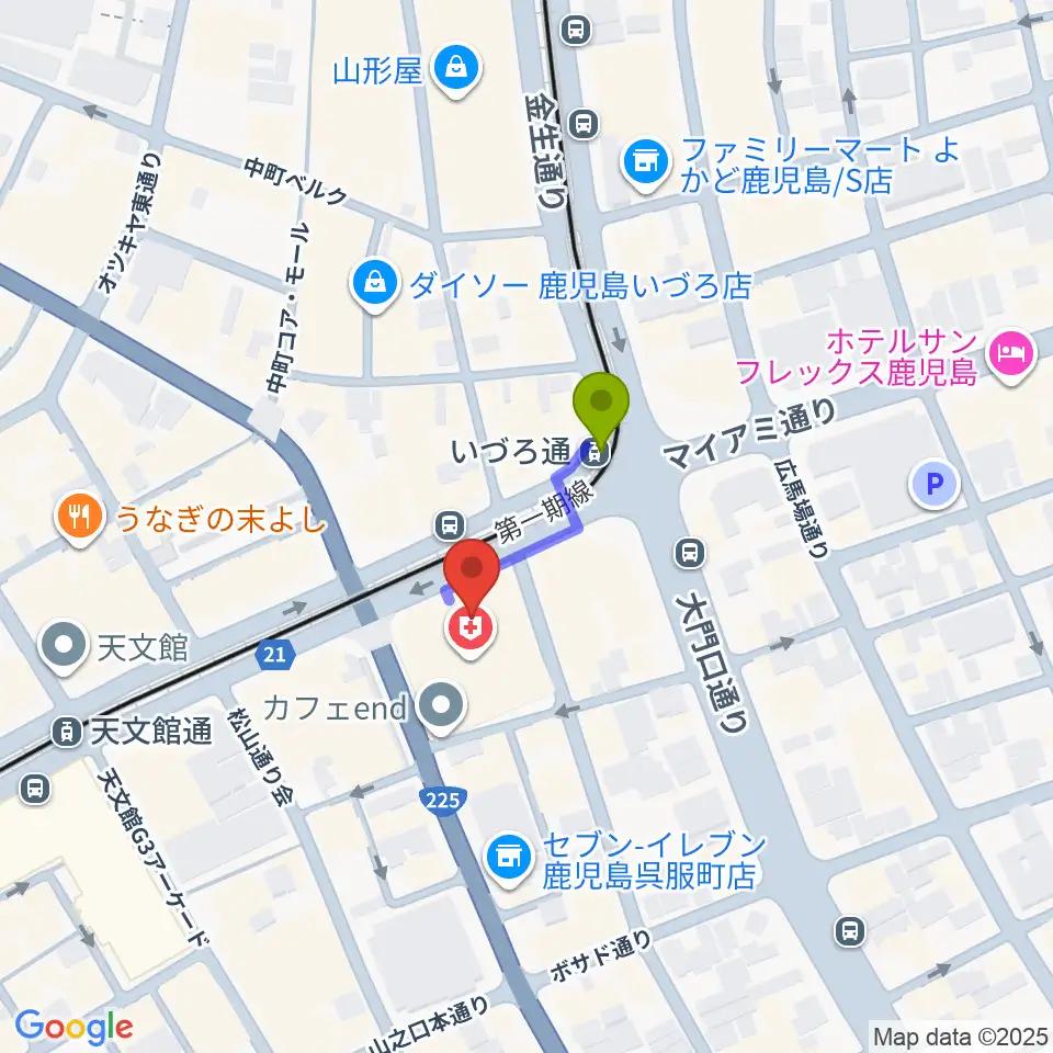 ガーデンズシネマの最寄駅いづろ通駅からの徒歩ルート（約2分）地図