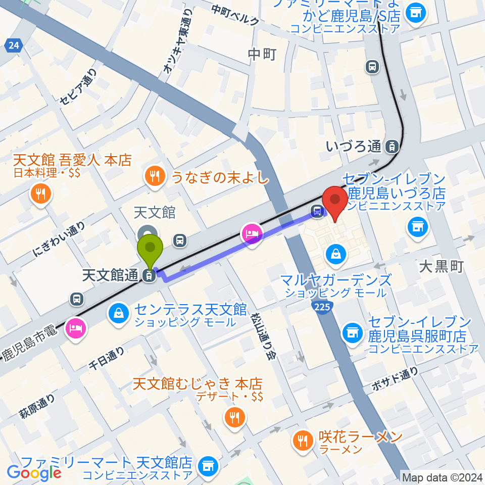 天文館通駅からガーデンズシネマへのルートマップ地図