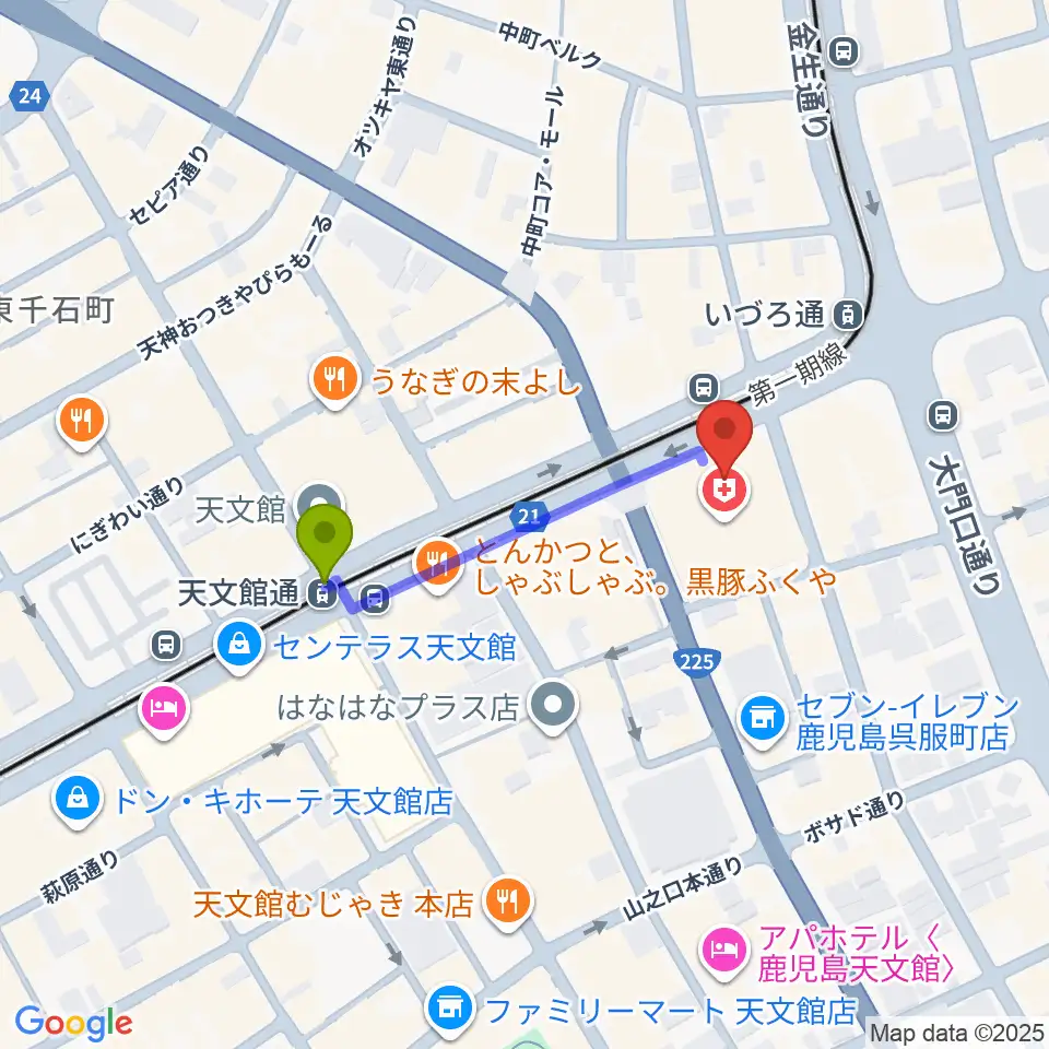 天文館通駅からガーデンズシネマへのルートマップ地図