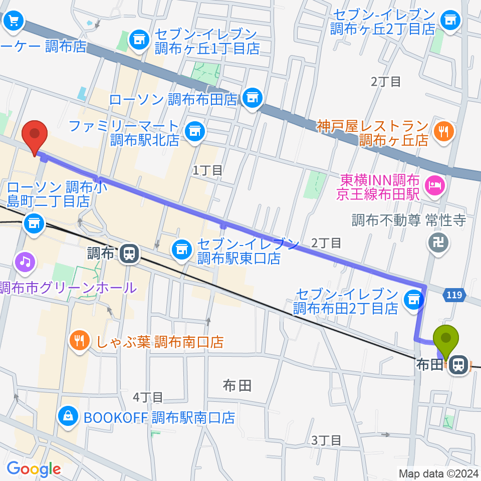 布田駅から調布Crossへのルートマップ地図