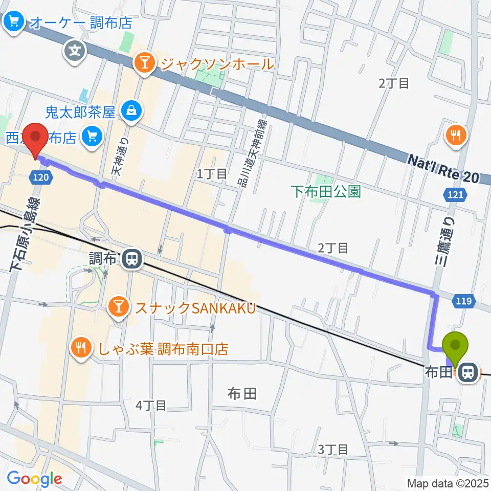 布田駅から調布Crossへのルートマップ地図