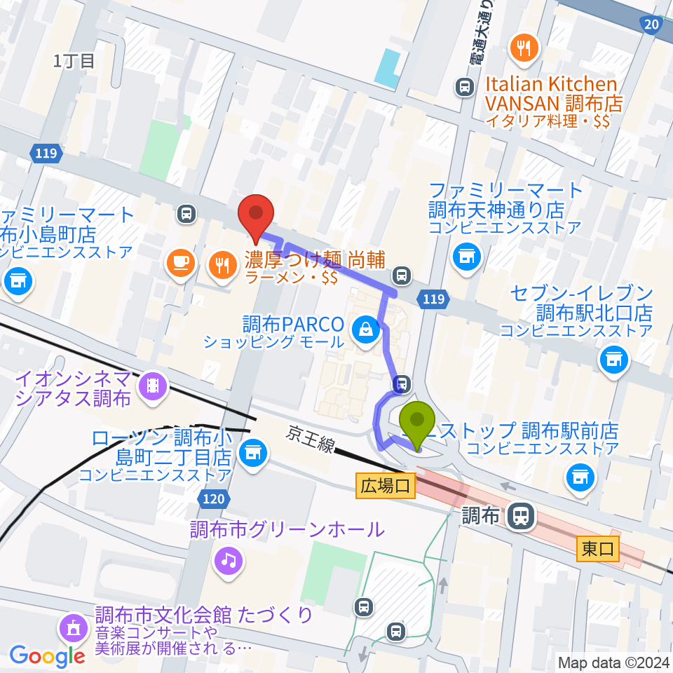 調布Crossの最寄駅調布駅からの徒歩ルート（約3分）地図