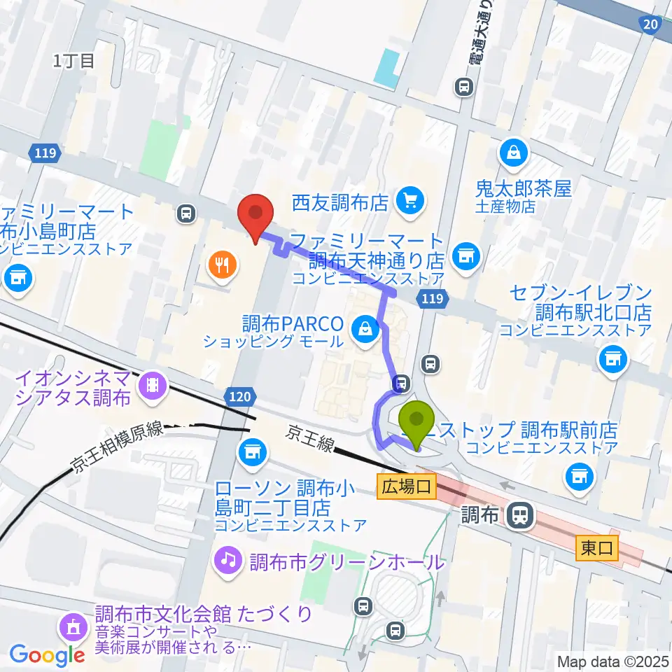 調布Crossの最寄駅調布駅からの徒歩ルート（約3分）地図