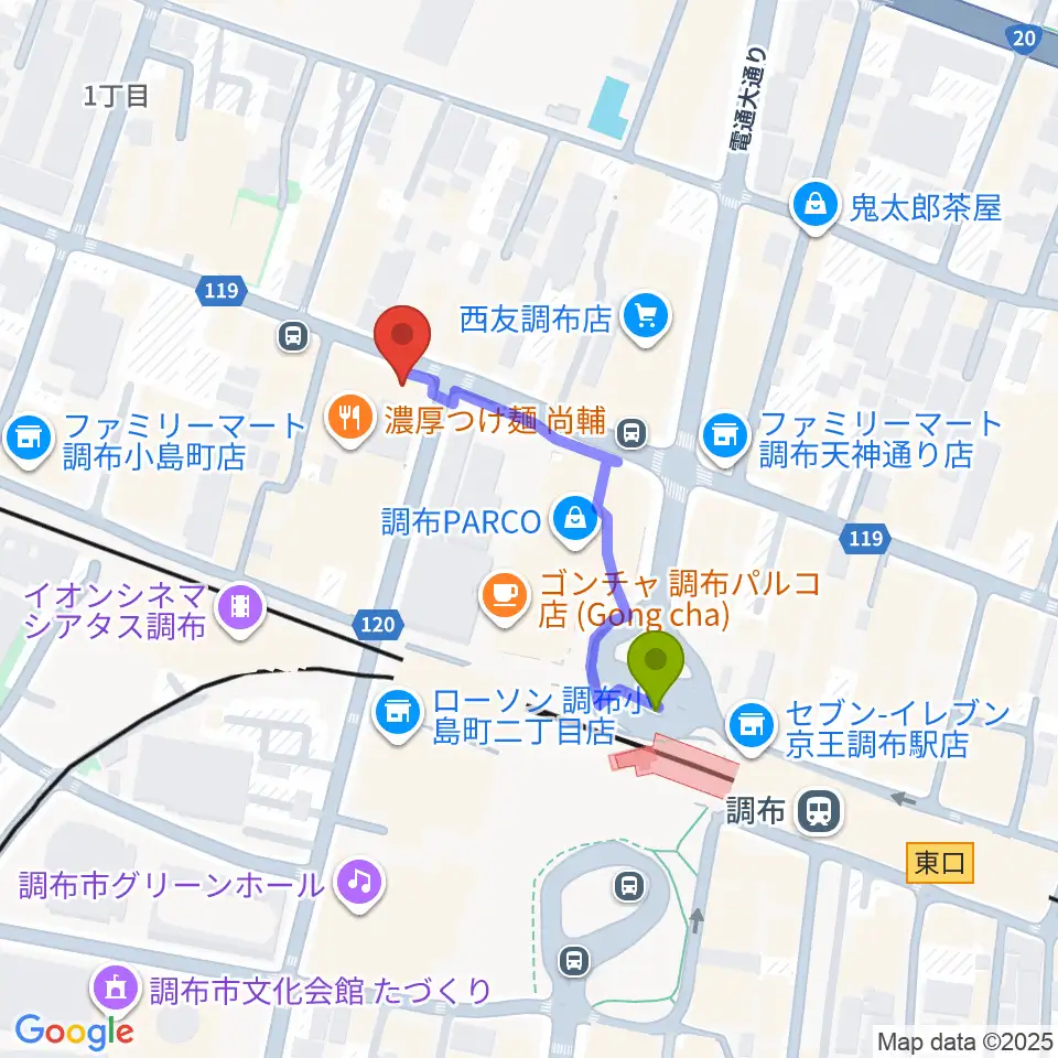 調布Crossの最寄駅調布駅からの徒歩ルート（約3分）地図