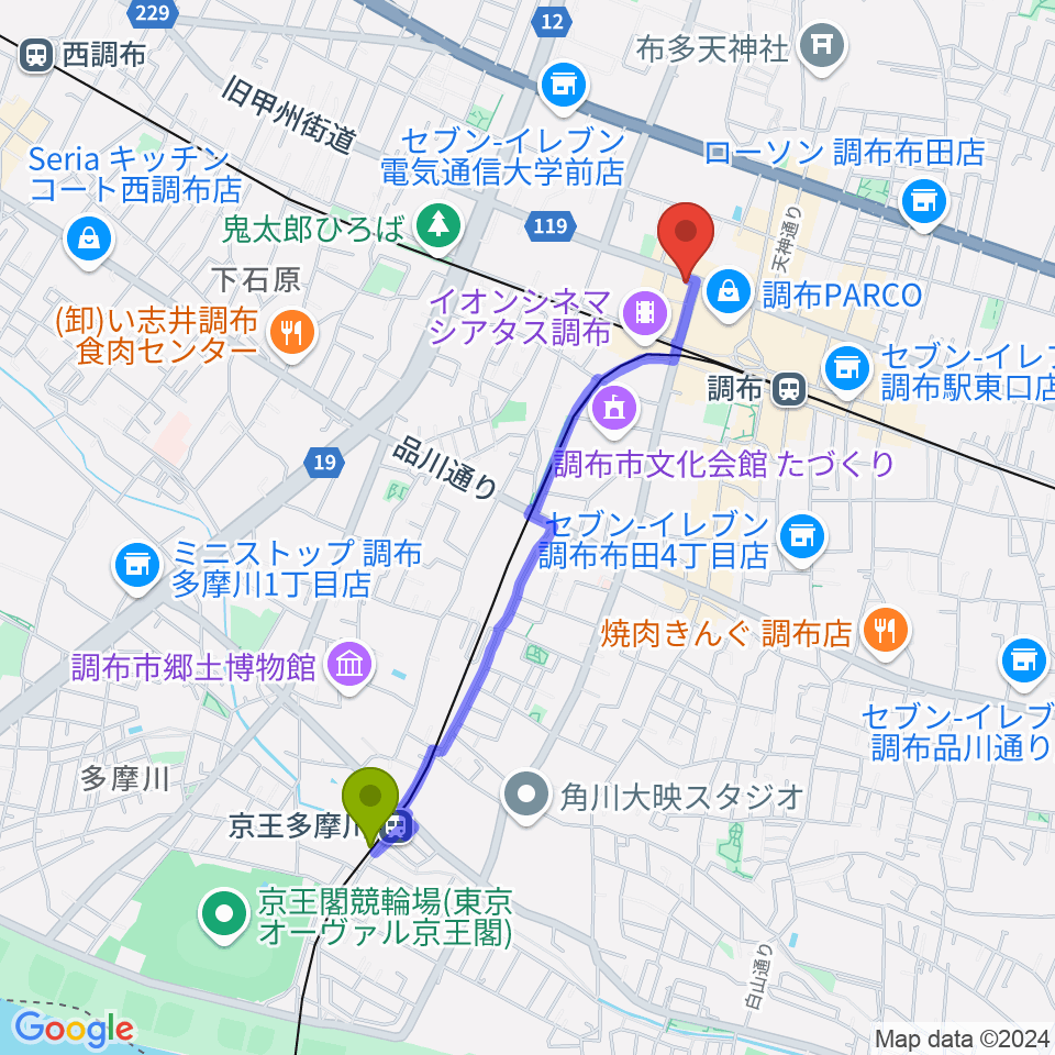 京王多摩川駅から調布Crossへのルートマップ地図