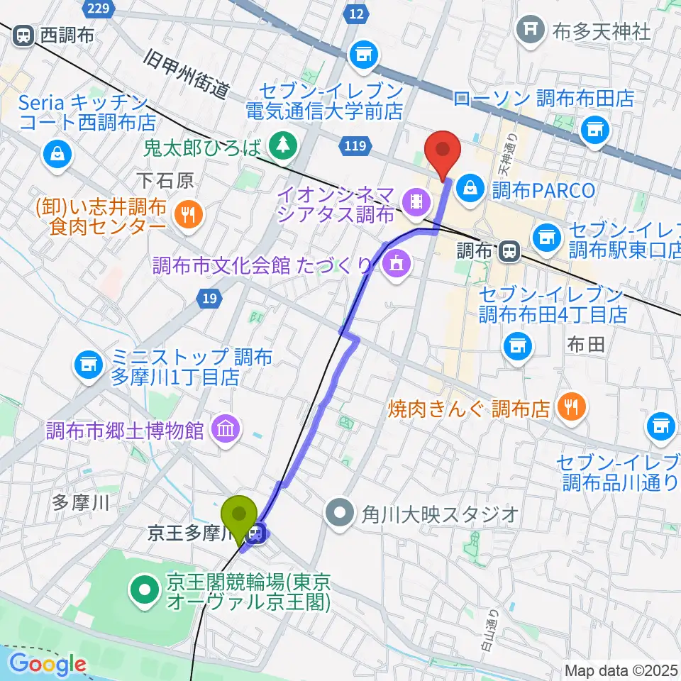 京王多摩川駅から調布Crossへのルートマップ地図