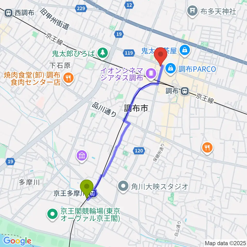 京王多摩川駅から調布Crossへのルートマップ地図