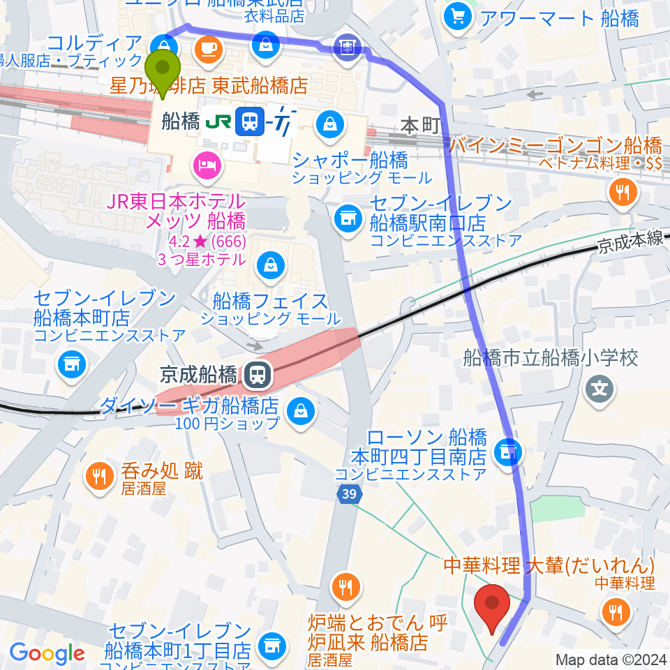 コクリコットフォルテの最寄駅船橋駅からの徒歩ルート（約7分）地図