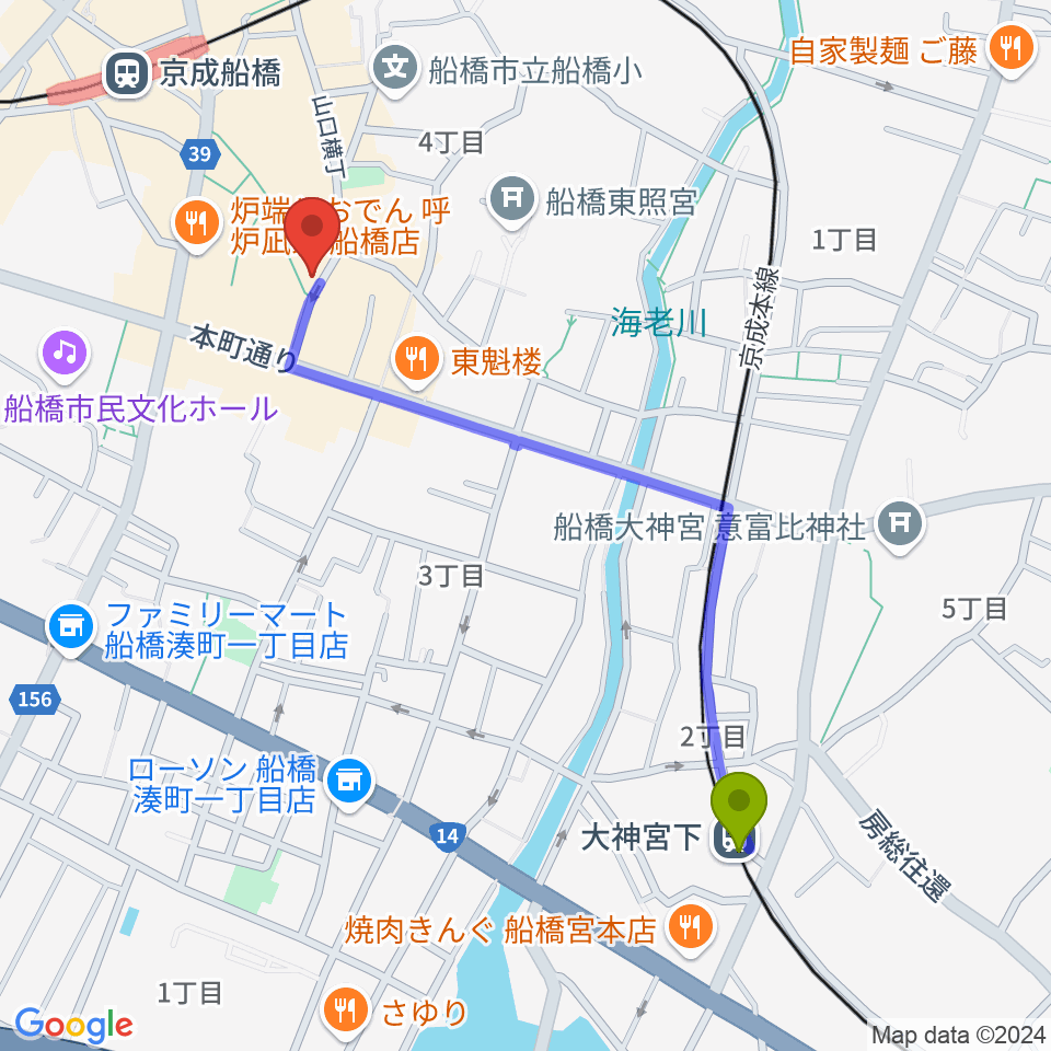 大神宮下駅からコクリコットフォルテへのルートマップ地図