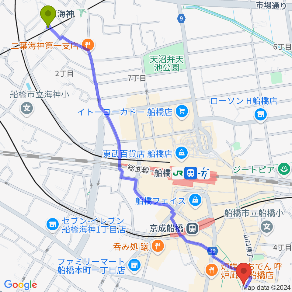 東海神駅からコクリコットフォルテへのルートマップ地図