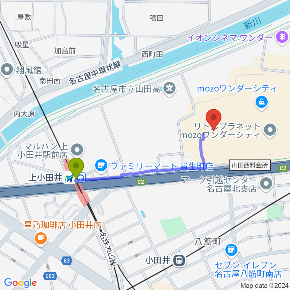 上小田井駅から島村楽器 名古屋mozoオーパ店へのルートマップ地図