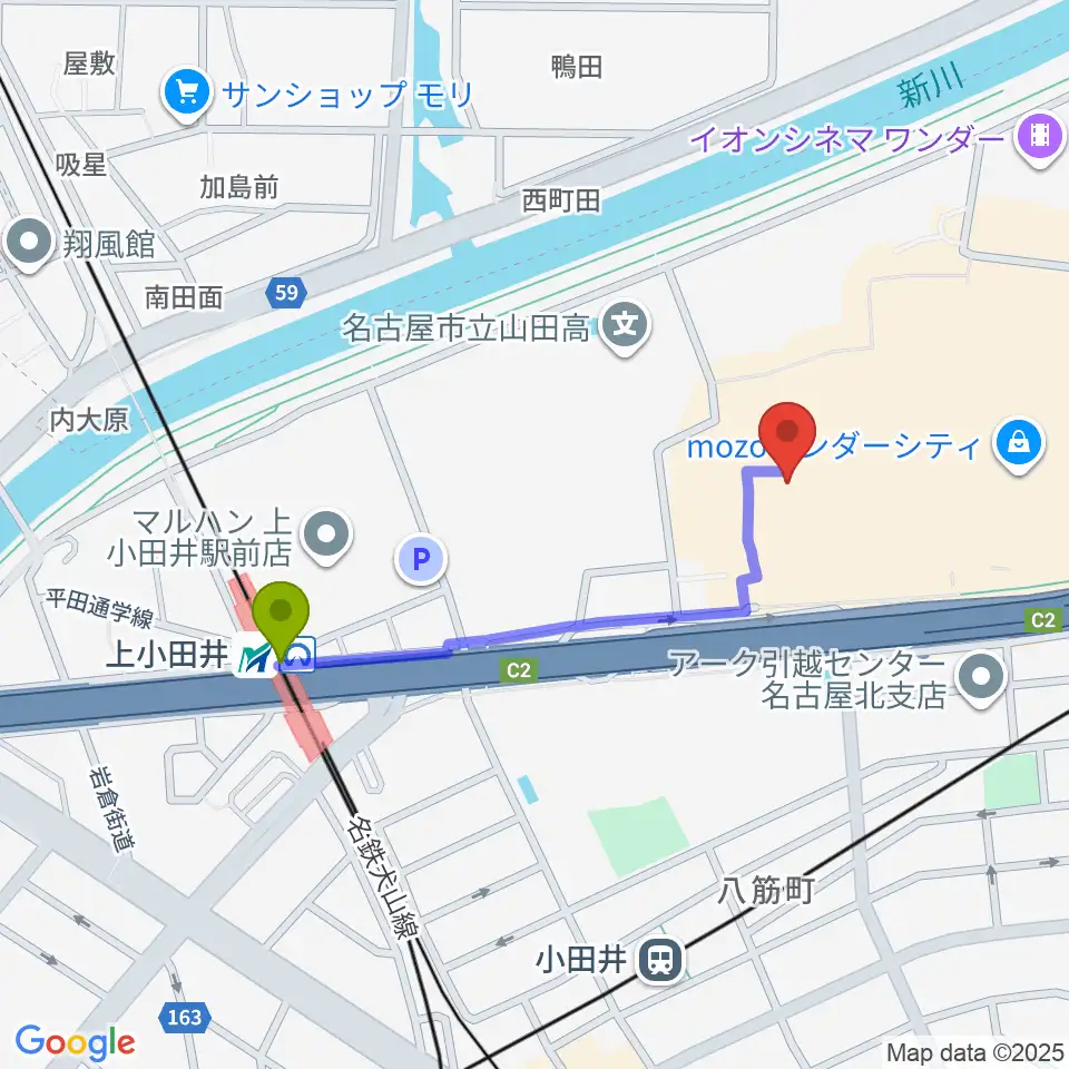 上小田井駅から島村楽器 名古屋mozoオーパ店へのルートマップ地図