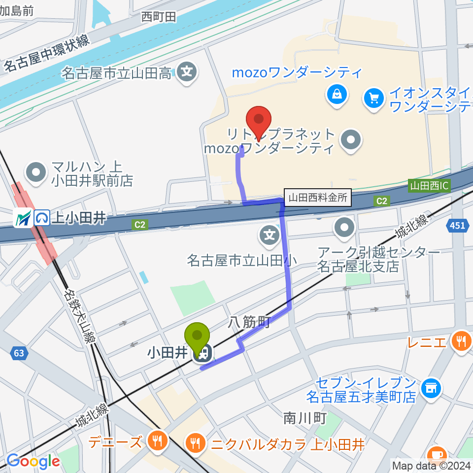 島村楽器 名古屋mozoオーパ店の最寄駅小田井駅からの徒歩ルート（約7分）地図