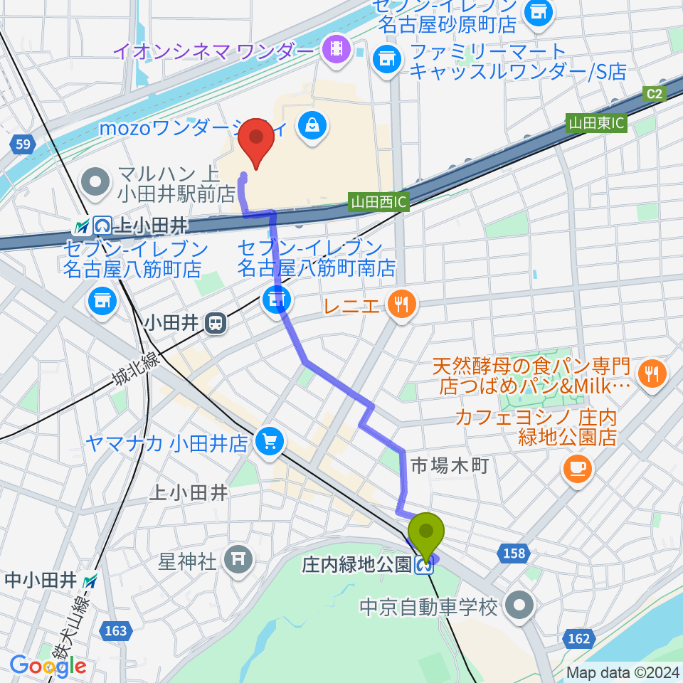 庄内緑地公園駅から島村楽器 名古屋mozoオーパ店へのルートマップ地図