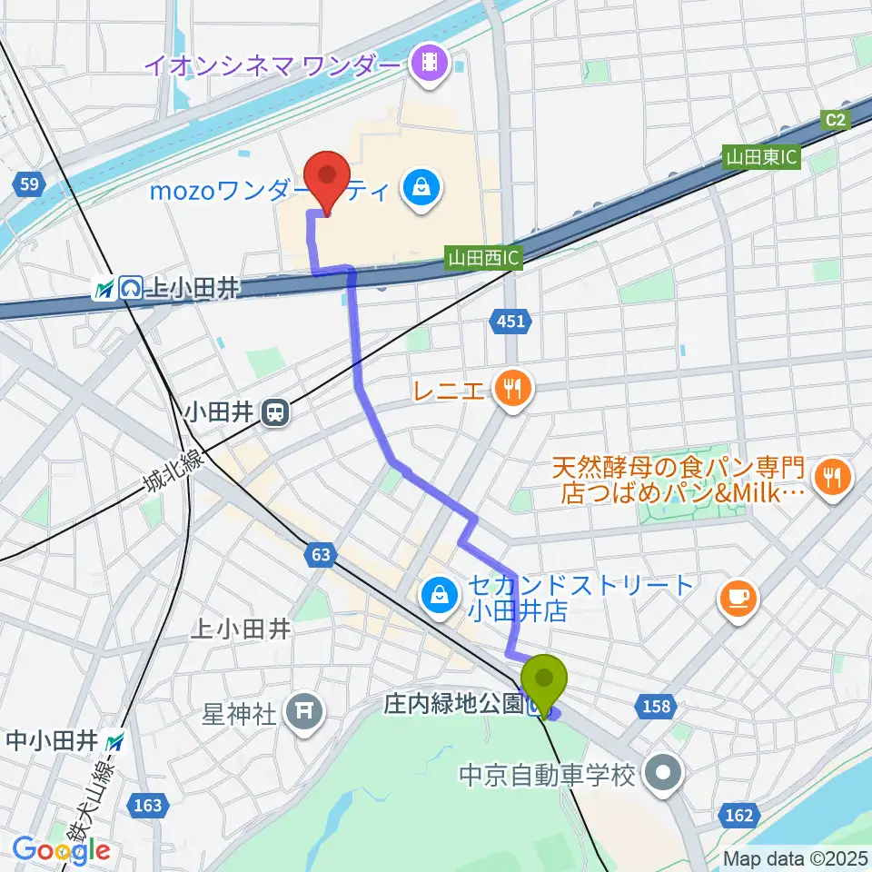 庄内緑地公園駅から島村楽器 名古屋mozoオーパ店へのルートマップ地図