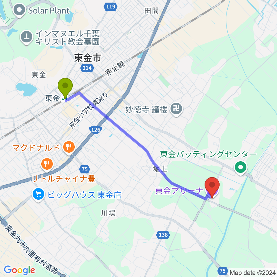 東金アリーナの最寄駅東金駅からの徒歩ルート（約40分）地図