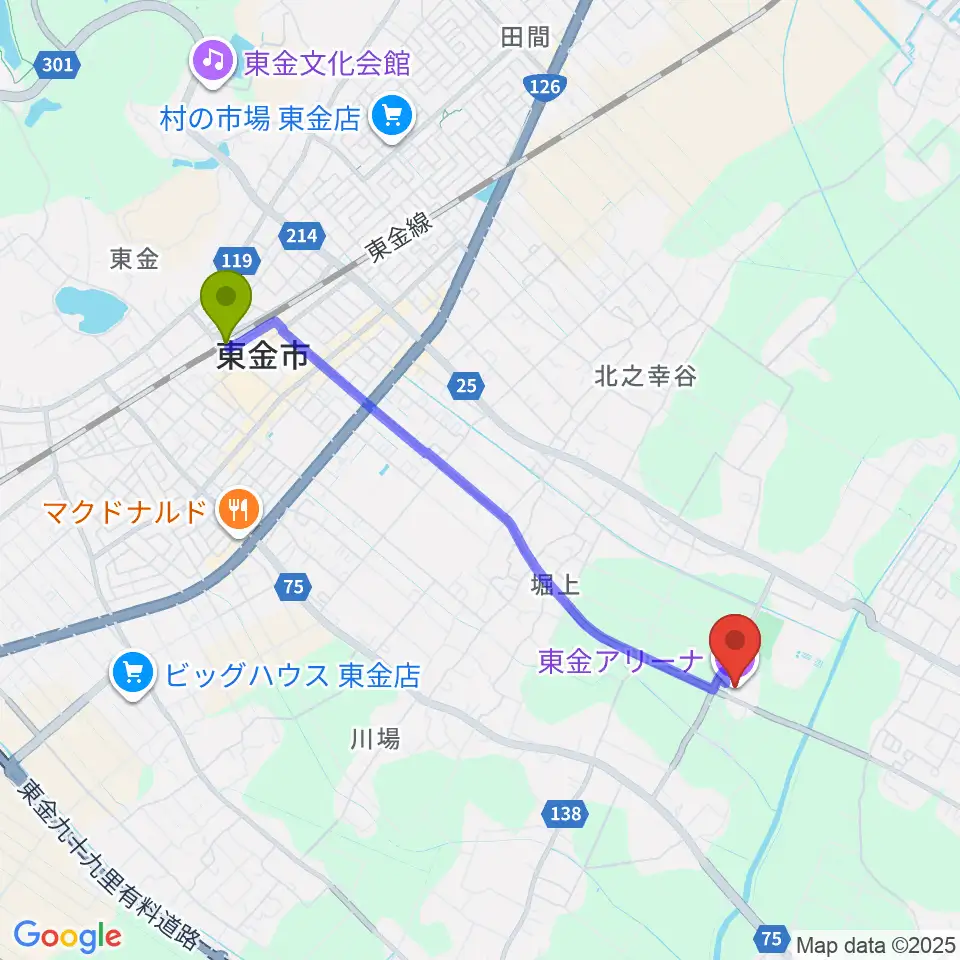 東金アリーナの最寄駅東金駅からの徒歩ルート（約40分）地図