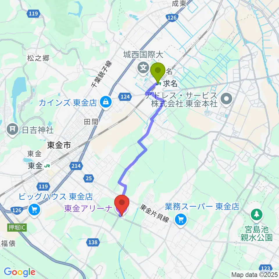 求名駅から東金アリーナへのルートマップ地図