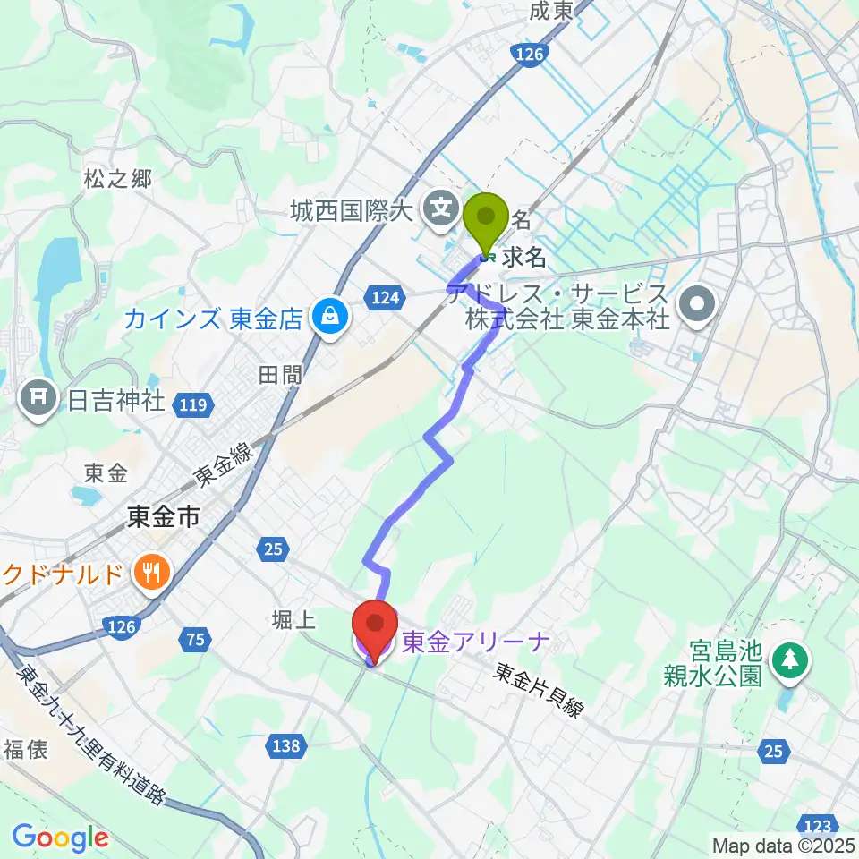 求名駅から東金アリーナへのルートマップ地図