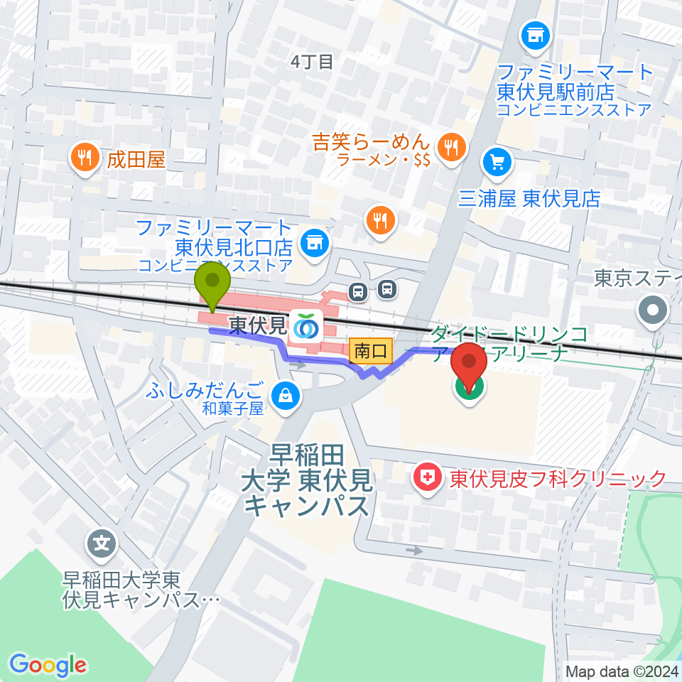 ダイドードリンコアイスアリーナの最寄駅東伏見駅からの徒歩ルート（約3分）地図