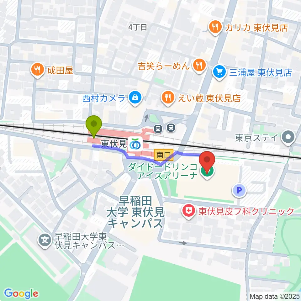 ダイドードリンコアイスアリーナの最寄駅東伏見駅からの徒歩ルート（約3分）地図